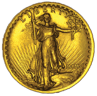 Saint–Gaudens pattern gold high–relief double–Eagle, 1907.