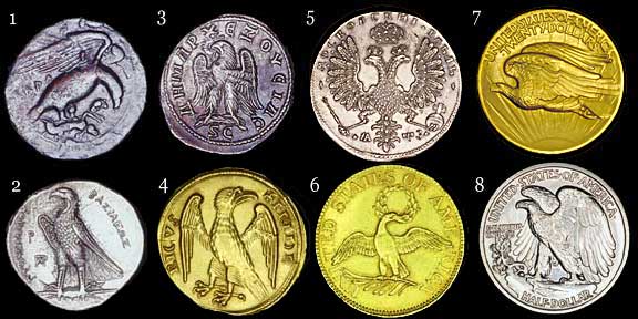 Eight coins with eagles from the  5th century B.C. to the 20th century.