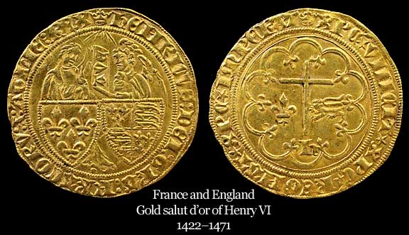 Gold salut d'or of Henry VI as king of England and France, 1422–1477.