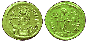 Gold solidus of Justinian I, Byzantine Emperor from 527–565 A.D.