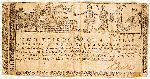 Front of a $2/3 note issued by the Provincial Convention of Maryland on July 26, 1775, after retouching to increase the contrast  and overall lighten the image.