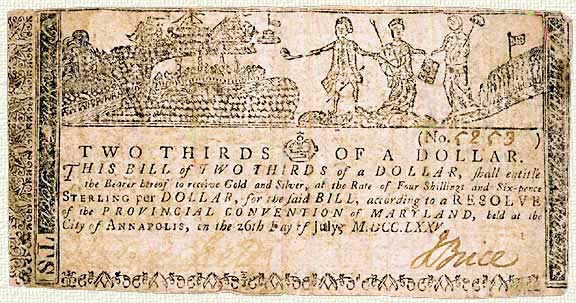 Front of a $2/3 note issued by the Provincial Convention of Maryland on July 26, 1775, after  “repairing” much of the wear and tear on the note, including its yellowing.