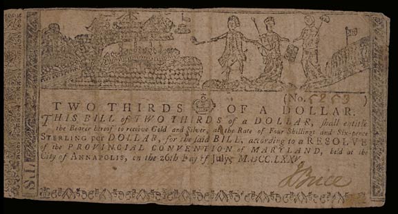 Front of a $2/3 note issued by the Provincial Convention of Maryland on July 26, 1775.
