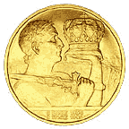 Gold 10 graben coin of Carol II of Romania, issued in 1940 to commemorate the 10th anniversary of his coronation.