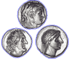 Three Hellenistic tetradrachms, one of Alexander the Great at top, Ptolemy I on the left, and Antiochus I on the right.